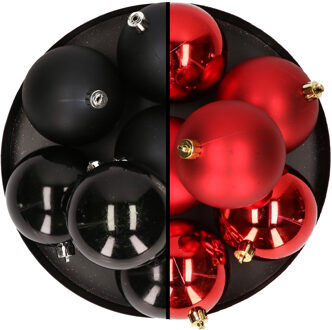 12x stuks kunststof kerstballen 8 cm mix van zwart en rood
