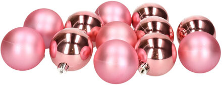 12x stuks kunststof kerstballen bubblegum roze 6 cm glans/mat