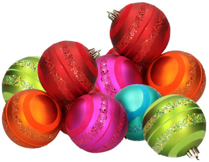 12x stuks kunststof kerstballen gekleurd met glitter rand 8 cm - Kerstbal Multikleur