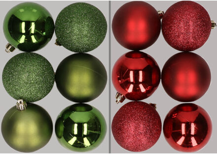 12x stuks kunststof kerstballen mix van appelgroen en donkerrood 8 cm
