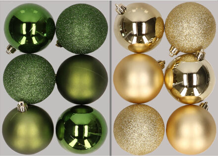 12x stuks kunststof kerstballen mix van appelgroen en goud 8 cm