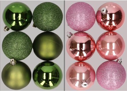 12x stuks kunststof kerstballen mix van appelgroen en roze 8 cm