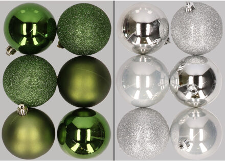 12x stuks kunststof kerstballen mix van appelgroen en zilver 8 cm