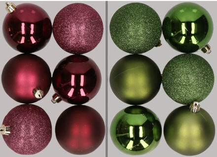 12x stuks kunststof kerstballen mix van aubergine en appelgroen 8 cm - Kerstbal Paars