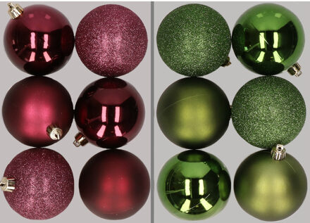 12x stuks kunststof kerstballen mix van aubergine en appelgroen 8 cm