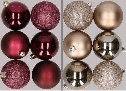 12x stuks kunststof kerstballen mix van aubergine en champagne 8 cm - Kerstbal Paars