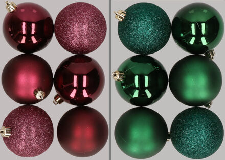 12x stuks kunststof kerstballen mix van aubergine en donkergroen 8 cm - Kerstbal Paars