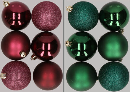 12x stuks kunststof kerstballen mix van aubergine en donkergroen 8 cm