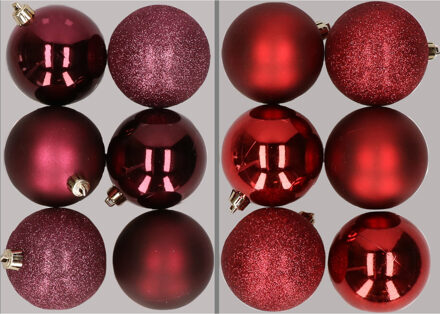 12x stuks kunststof kerstballen mix van aubergine en donkerrood 8 cm - Kerstbal Paars