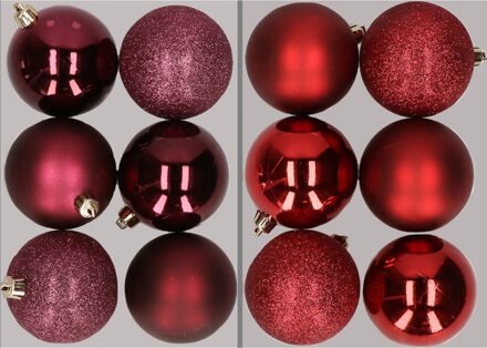 12x stuks kunststof kerstballen mix van aubergine en donkerrood 8 cm