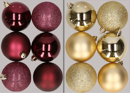 12x stuks kunststof kerstballen mix van aubergine en goud 8 cm - Kerstbal Paars