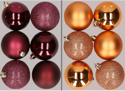 12x stuks kunststof kerstballen mix van aubergine en koper 8 cm