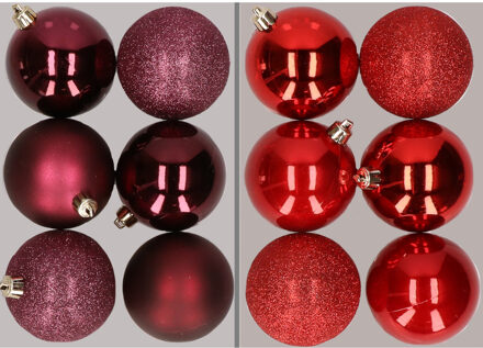 12x stuks kunststof kerstballen mix van aubergine en rood 8 cm