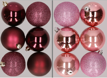 12x stuks kunststof kerstballen mix van aubergine en roze 8 cm - Kerstbal Paars