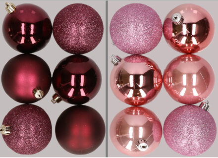 12x stuks kunststof kerstballen mix van aubergine en roze 8 cm