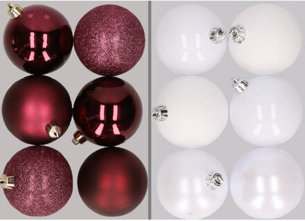 12x stuks kunststof kerstballen mix van aubergine en wit 8 cm - Kerstbal Paars