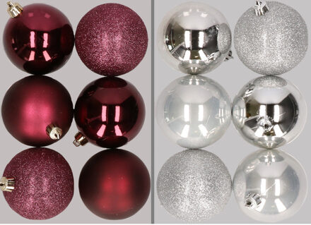 12x stuks kunststof kerstballen mix van aubergine en zilver 8 cm Aubergine paars