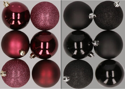 12x stuks kunststof kerstballen mix van aubergine en zwart 8 cm - Kerstbal Paars