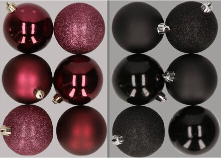 12x stuks kunststof kerstballen mix van aubergine en zwart 8 cm