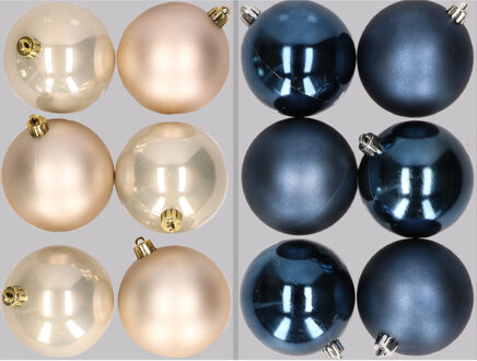 12x stuks kunststof kerstballen mix van champagne en donkerblauw 8 cm - Kerstbal