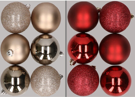 12x stuks kunststof kerstballen mix van champagne en donkerrood 8 cm - Kerstbal Champagnekleurig