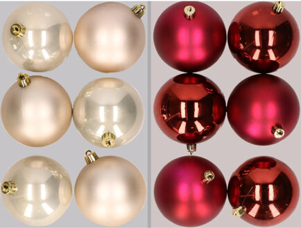 12x stuks kunststof kerstballen mix van champagne en donkerrood 8 cm