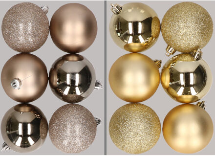 12x stuks kunststof kerstballen mix van champagne en goud 8 cm - Kerstbal Champagnekleurig