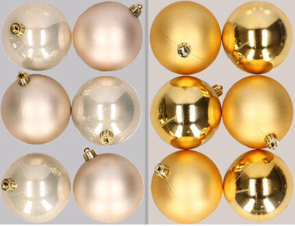 12x stuks kunststof kerstballen mix van champagne en goud 8 cm - Kerstbal Goudkleurig