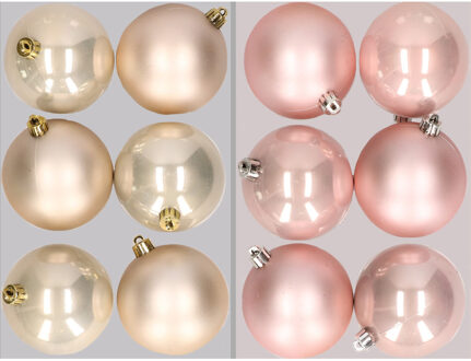 12x stuks kunststof kerstballen mix van champagne en lichtroze 8 cm