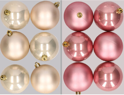 12x stuks kunststof kerstballen mix van champagne en oudroze 8 cm
