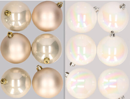 12x stuks kunststof kerstballen mix van champagne en parelmoer wit 8 cm