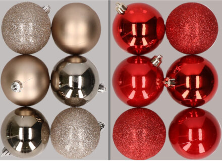 12x stuks kunststof kerstballen mix van champagne en rood 8 cm - Kerstbal Champagnekleurig