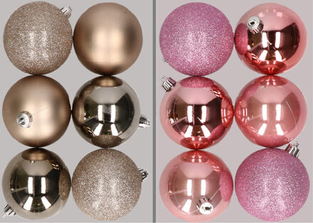 12x stuks kunststof kerstballen mix van champagne en roze 8 cm - Kerstbal Champagnekleurig