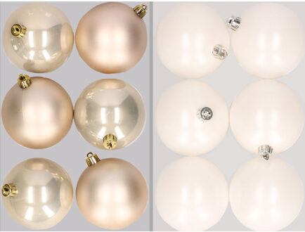 12x stuks kunststof kerstballen mix van champagne en winter wit 8 cm - Kerstbal Champagnekleurig