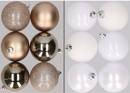 12x stuks kunststof kerstballen mix van champagne en wit 8 cm - Kerstbal Champagnekleurig