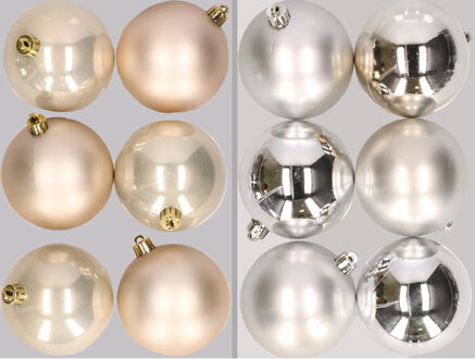 12x stuks kunststof kerstballen mix van champagne en zilver 8 cm - Kerstbal Zilverkleurig