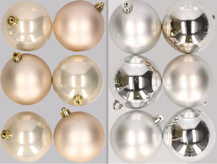 12x stuks kunststof kerstballen mix van champagne en zilver 8 cm