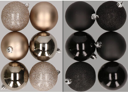 12x stuks kunststof kerstballen mix van champagne en zwart 8 cm - Kerstbal Champagnekleurig