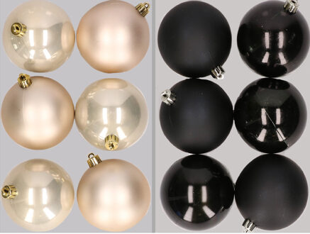 12x stuks kunststof kerstballen mix van champagne en zwart 8 cm