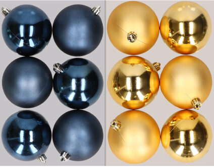 12x stuks kunststof kerstballen mix van donkerblauw en goud 8 cm - Kerstbal Goudkleurig