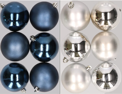 12x stuks kunststof kerstballen mix van donkerblauw en zilver 8 cm - Kerstbal Zilverkleurig