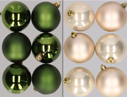 12x stuks kunststof kerstballen mix van donkergroen en champagne 8 cm