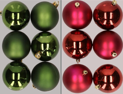 12x stuks kunststof kerstballen mix van donkergroen en donkerrood 8 cm - Kerstbal