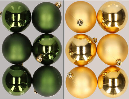 12x stuks kunststof kerstballen mix van donkergroen en goud 8 cm