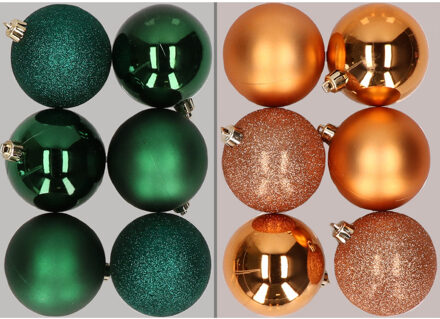 12x stuks kunststof kerstballen mix van donkergroen en koper 8 cm - Kerstbal Koperkleurig