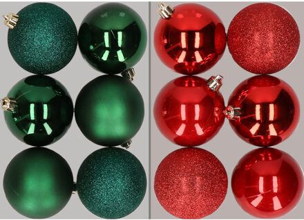 12x stuks kunststof kerstballen mix van donkergroen en rood 8 cm - Kerstbal