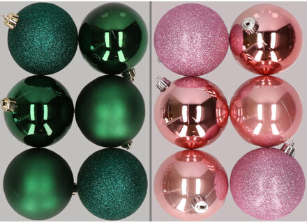 12x stuks kunststof kerstballen mix van donkergroen en roze 8 cm - Kerstbal