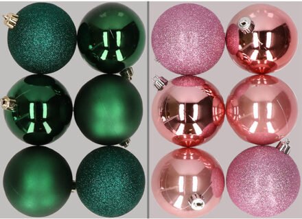 12x stuks kunststof kerstballen mix van donkergroen en roze 8 cm