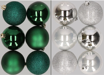12x stuks kunststof kerstballen mix van donkergroen en zilver 8 cm