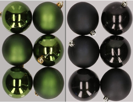 12x stuks kunststof kerstballen mix van donkergroen en zwart 8 cm